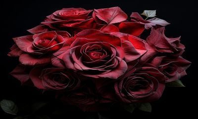 深红玫瑰花束特写，暗色背景衬托下花瓣层次感丰富，6969色花深红色系专题摄影案例