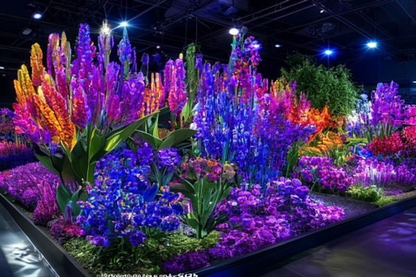 2026年国际花卉展上盛开的紫罗兰与霓虹兰花混搭展台，灯光璀璨、色彩层次丰富，6969色花独家报道